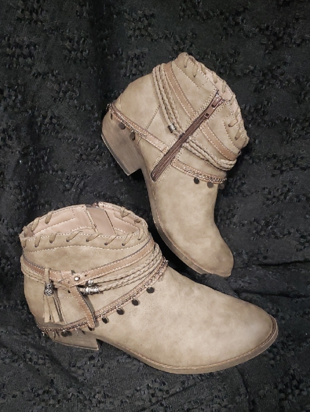 pop Taupe Ankle Booties with Braided Trim and Tassel Charms